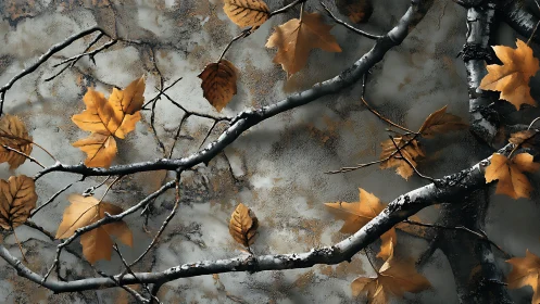 Autumn maple branches cross textured wall surface in shadow