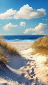 Photorealistic coastal dune path with leading sand trail.