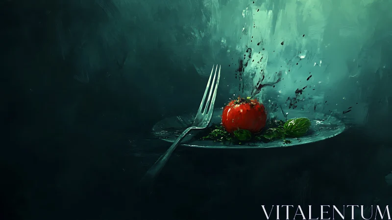 Exploding tomato on glass plate dramatizes dark culinary abstraction
