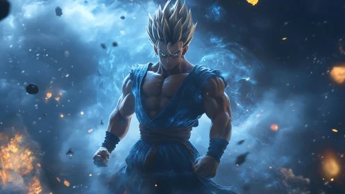 Digital painting of muscular anime warrior in storm aura.