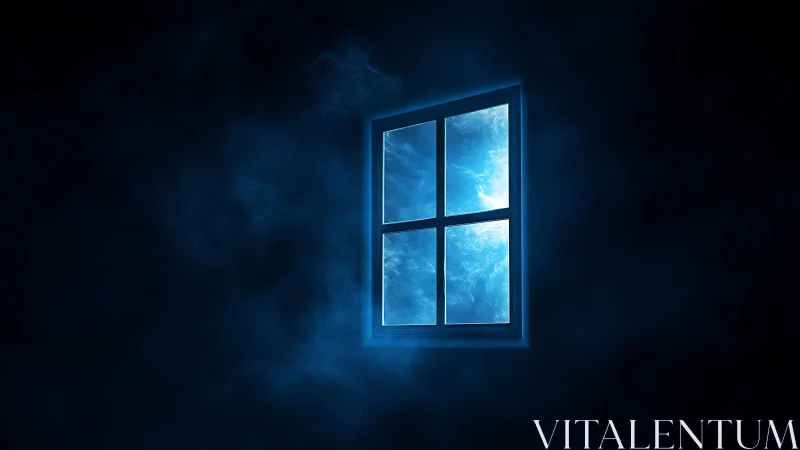 Glowing blue window floats in dark cosmic mist.