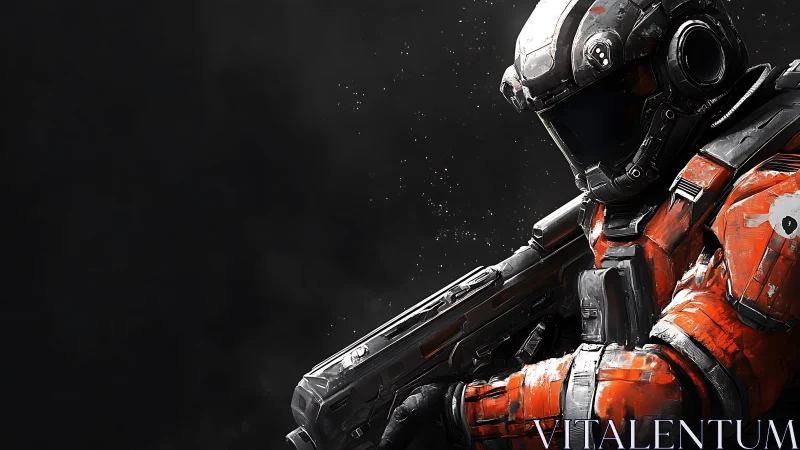 Lone crimson space marine stands guard in starlit void.