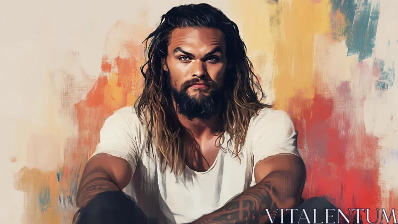 Portrait study of seated man against textured abstract color field