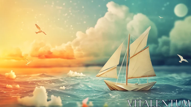 Paper sailboat navigating chromatic twilight seascape tableau.