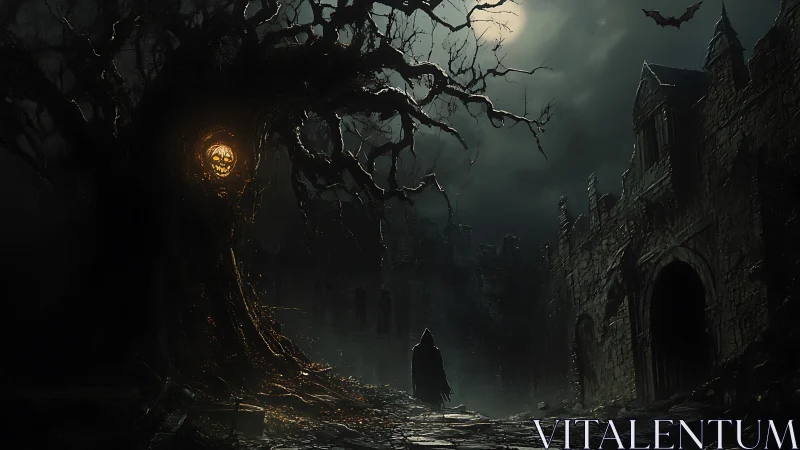 Cloaked figure beneath twisted tree near ruined fortress.