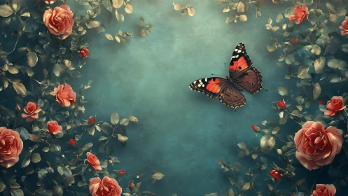 Butterfly hovers centrally within dense rose foliage field