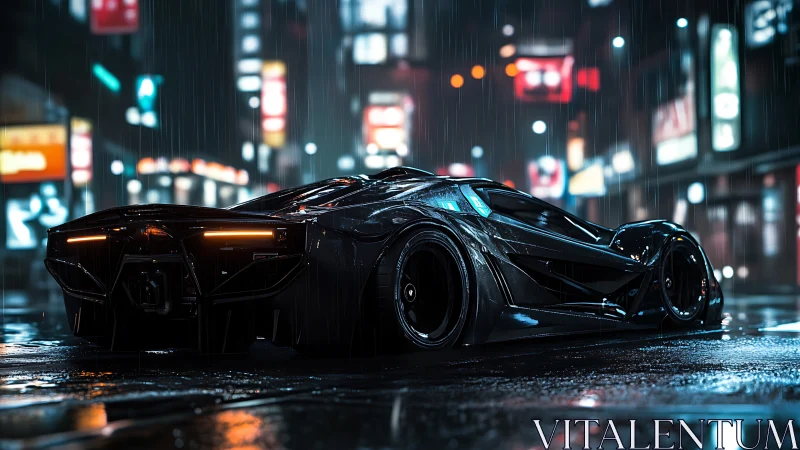 Midnight supercar gliding through neon city rainstorm.