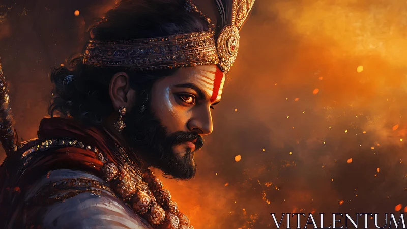 Regal warrior profile with ornate crown in warm light.