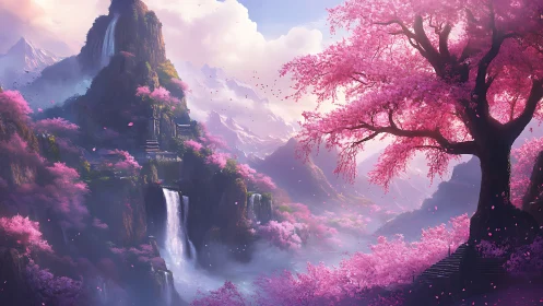 Blossom citadel above misted falls in endless springtime hush.