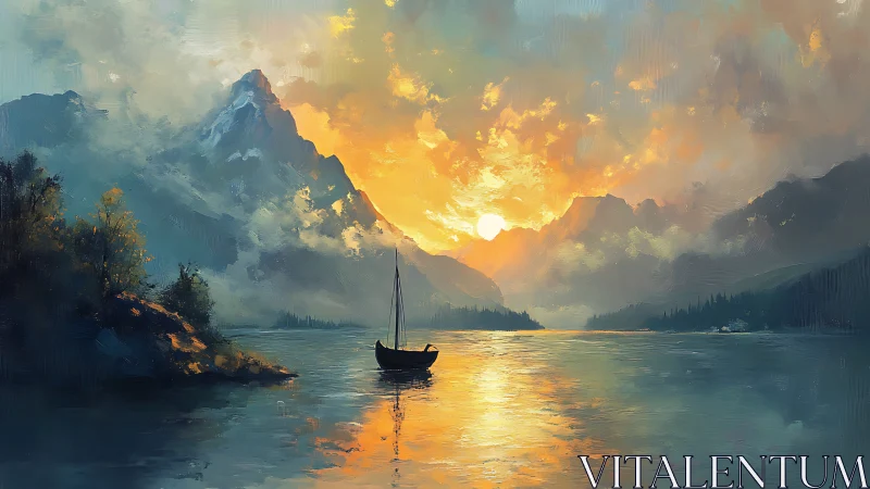 Solitary sailboat crosses luminous alpine lake at sunset