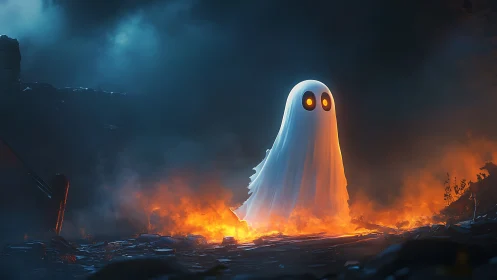 Cartoon ghost rises over burning ruins under storm clouds.