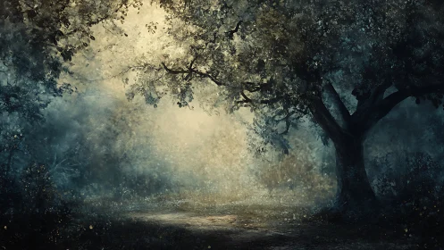 Dim forest clearing is illuminated by diffuse central light source