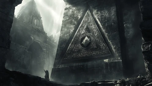 Massive triangular stone gate dominates dark ruined temple.