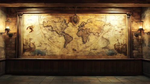 Large antique world map in warmly lit stone hall.