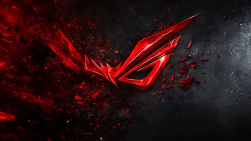 Fragmented red metallic emblem shattering over dark textured ground