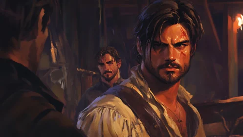 Bearded man in rustic interior with reflected double view.