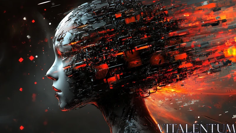 Shattered data winds streak through a serene cybernetic muse