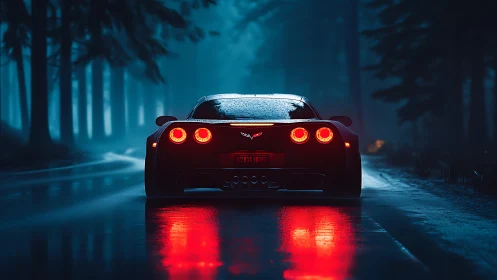 Sportscar taillights burn through a rain-soaked midnight forest road