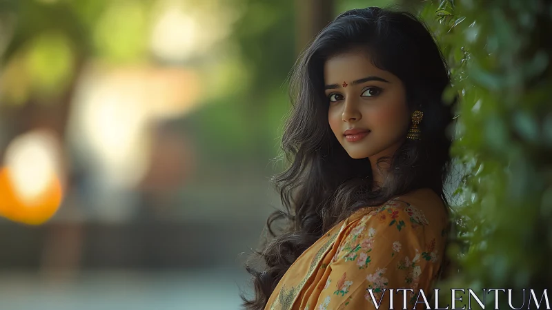 Portrait image shows woman in floral attire leaning by foliage