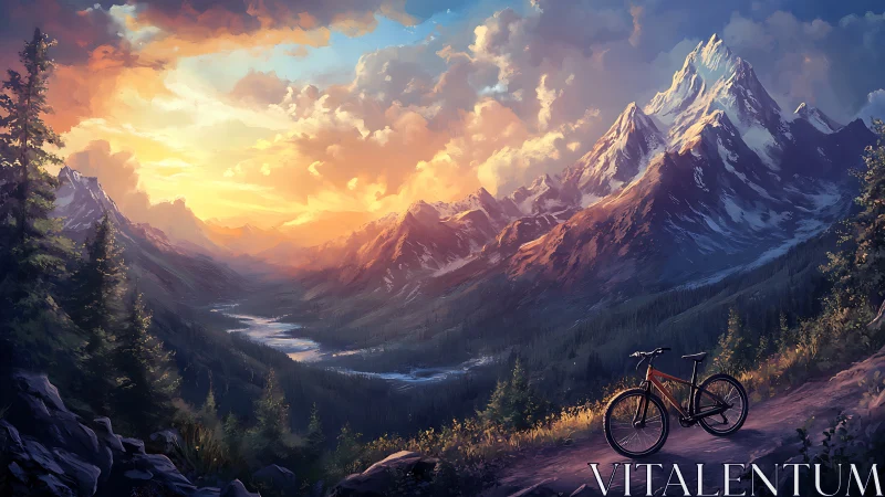 Mountain Valley at Sunset with Bicycle Overlooking Alpine Landscape