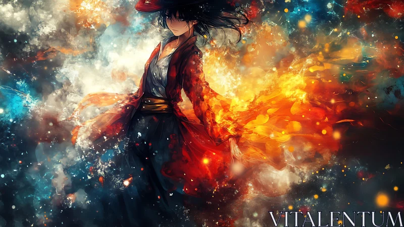 Ember‑veiled wanderer swirling through painted starlight.