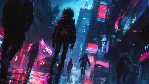 Neon lit night street with silhouettes in heavy rain.