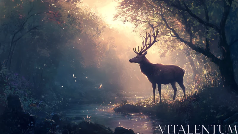 Majestic stag in enchanted forest, digital art with glowing sunlight.