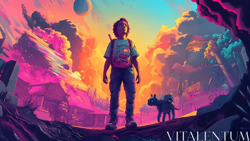 Lone child and robot dog explore a neon post‑apocalypse.
