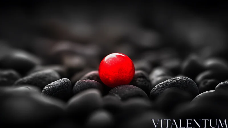Photorealistic macro of red sphere amid dark river stones.