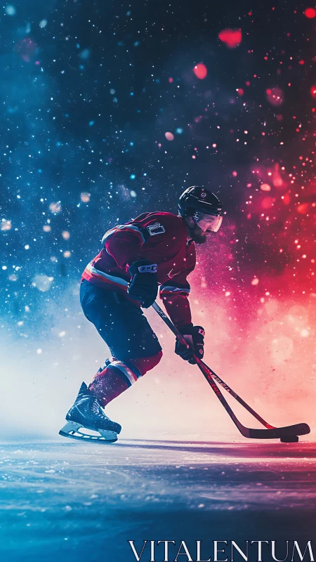 Dynamic ice hockey skater advances through bicolor light field