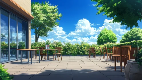 Outdoor cafe terrace with empty wooden tables and chairs.