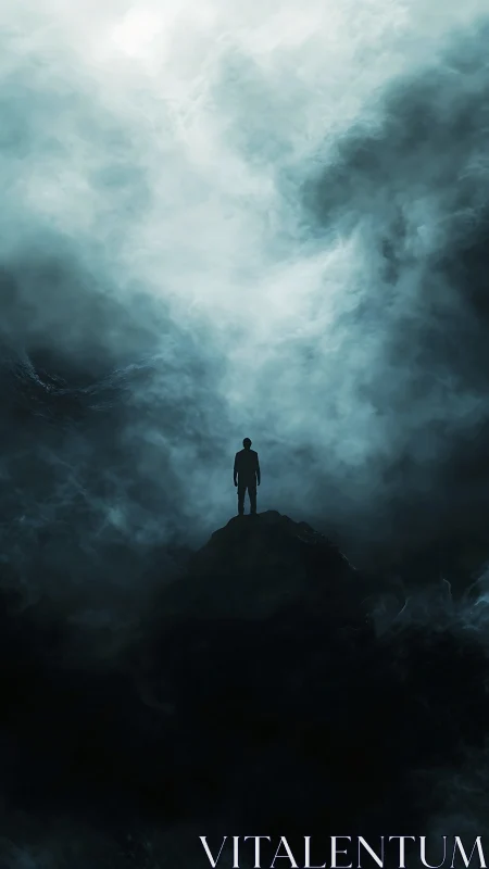 Solitary figure stands on dark peak under swirling storm