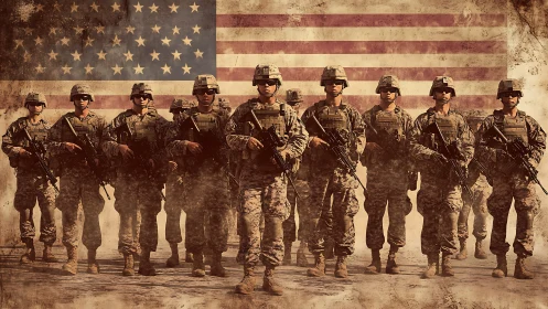 Line formation of armed soldiers before distressed US flag backdrop