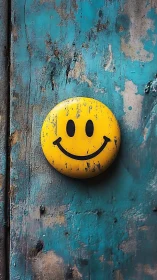 Weathered smiley button glows against peeling teal door