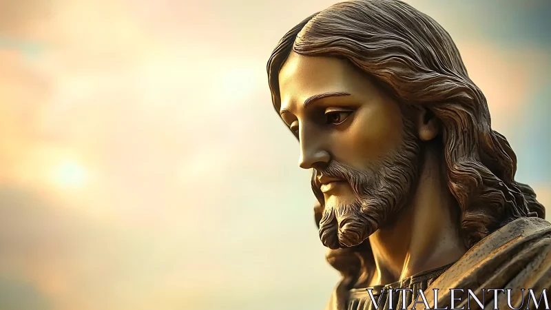 Serene bronze Christ statue profile against soft sky glow.