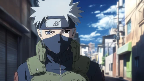 Masked silver-haired ninja in tactical vest on sunlit alleyway