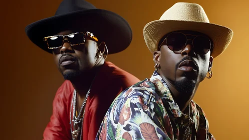 Two men in hats and sunglasses against warm backdrop.