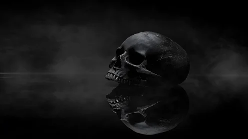 Black human skull rests on reflective surface in darkness