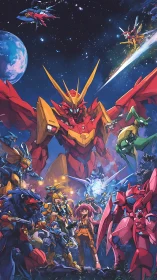 Cosmic mecha guardians rally under a starlit battlefield.