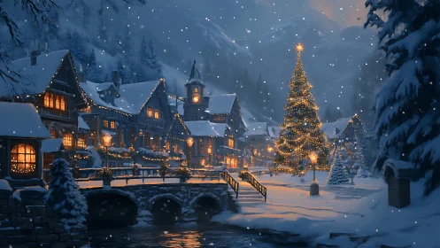 Snow-covered village square displays winter illumination at night