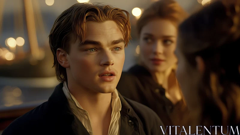 Golden-hour deckside gaze in a softly glowing seascape tableau.