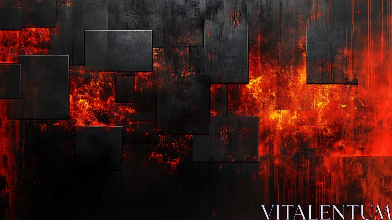 Abstract black geometric panels over fiery red digital background.