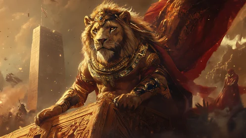 Crowned war-lion claims a burning desert empire in bronze light