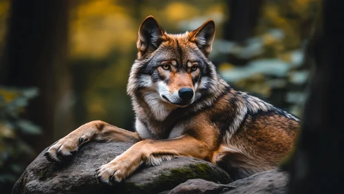 Forest throne for a golden‑eyed wolf king at rest.