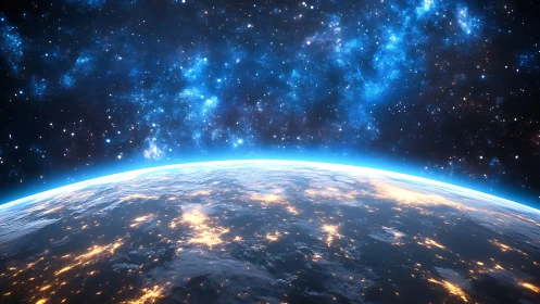 Glowing Earth horizon curves beneath a vivid star-filled galaxy