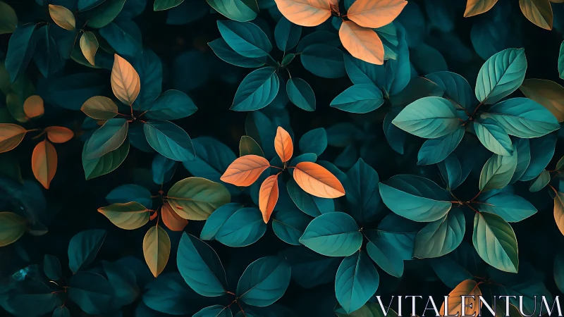 Orange and teal foliage cluster shows contrasted leaf coloration