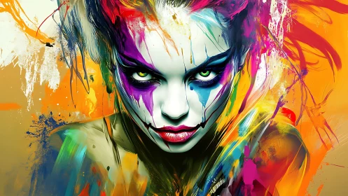 Vivid neon-painted female face stares forward with intensity