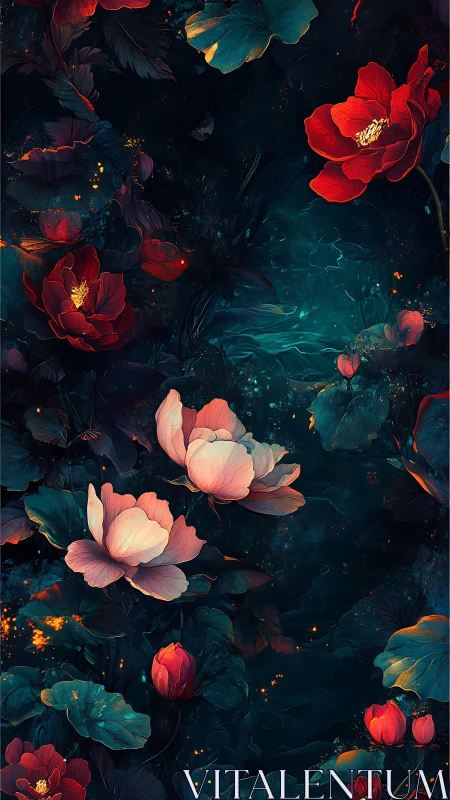 Enchanted Night Garden of Glowing Peonies and Lotus Blooms