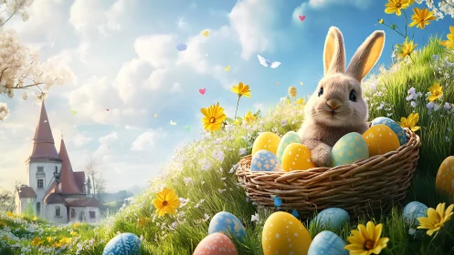 Easter bunny in basket of painted eggs on spring meadow.