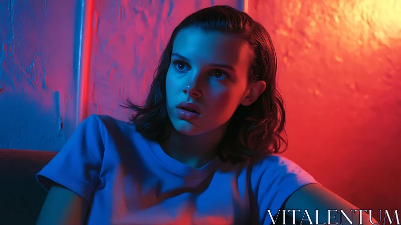 Neon dusk portrait bathing a pensive face in electric glow.